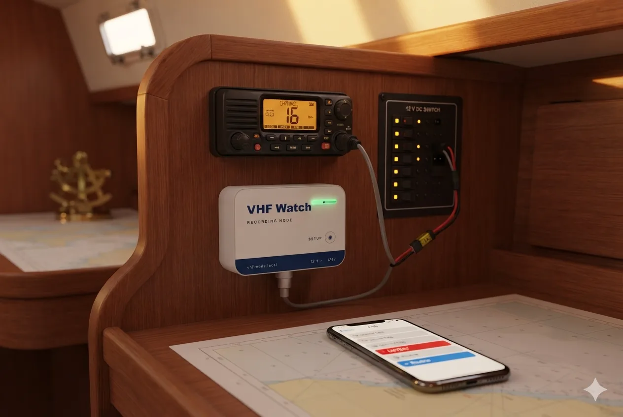 A typical install at the nav station: the recorder on the bulkhead below the VHF radio, its audio lead to the radio and its fused power lead to the 12 V switch panel, and a phone on the chart table showing the radio log.